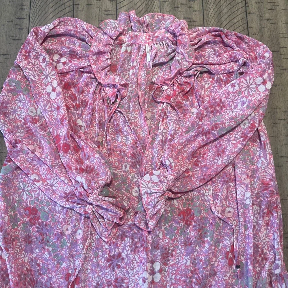 Free People Women's Small Dress Pink Floral Tiered Ruffle Boho Long Sleeve Midi